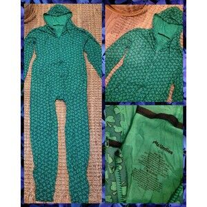 MeUndies Bodysuit Green Shamrock One Piece Unisex S/M Clover Zip Up Pajama Irish